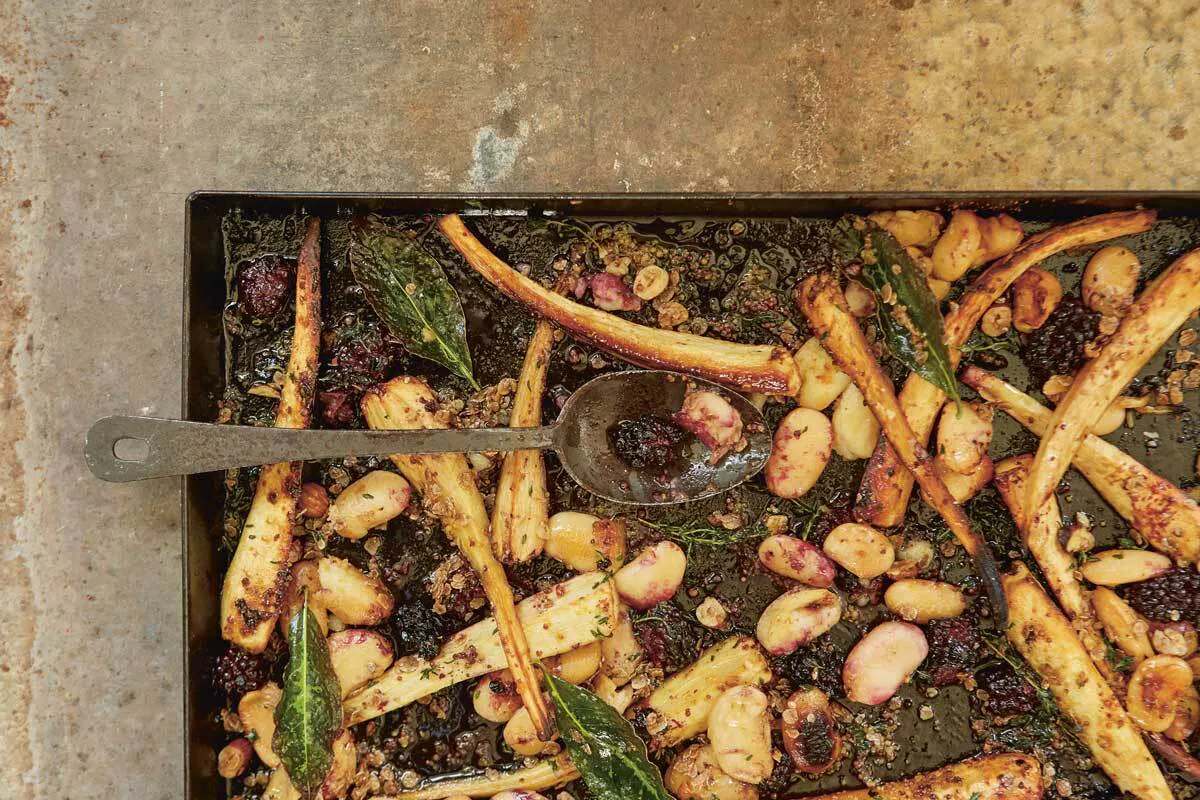 Parsnip, butter bean and blackberry traybake – Recipes – Anna Jones