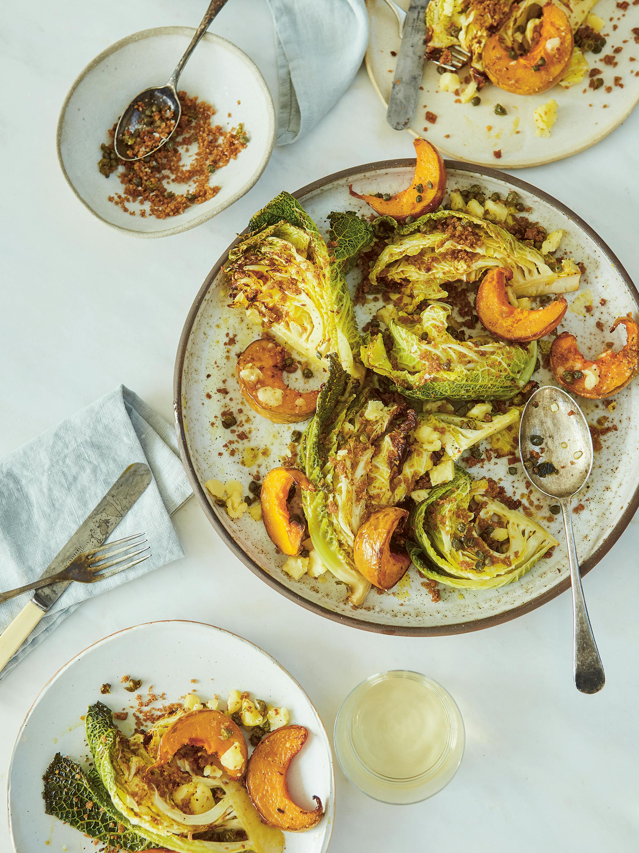 Roasted savoy cabbage with squash, cheddar + rye Recipes Anna Jones