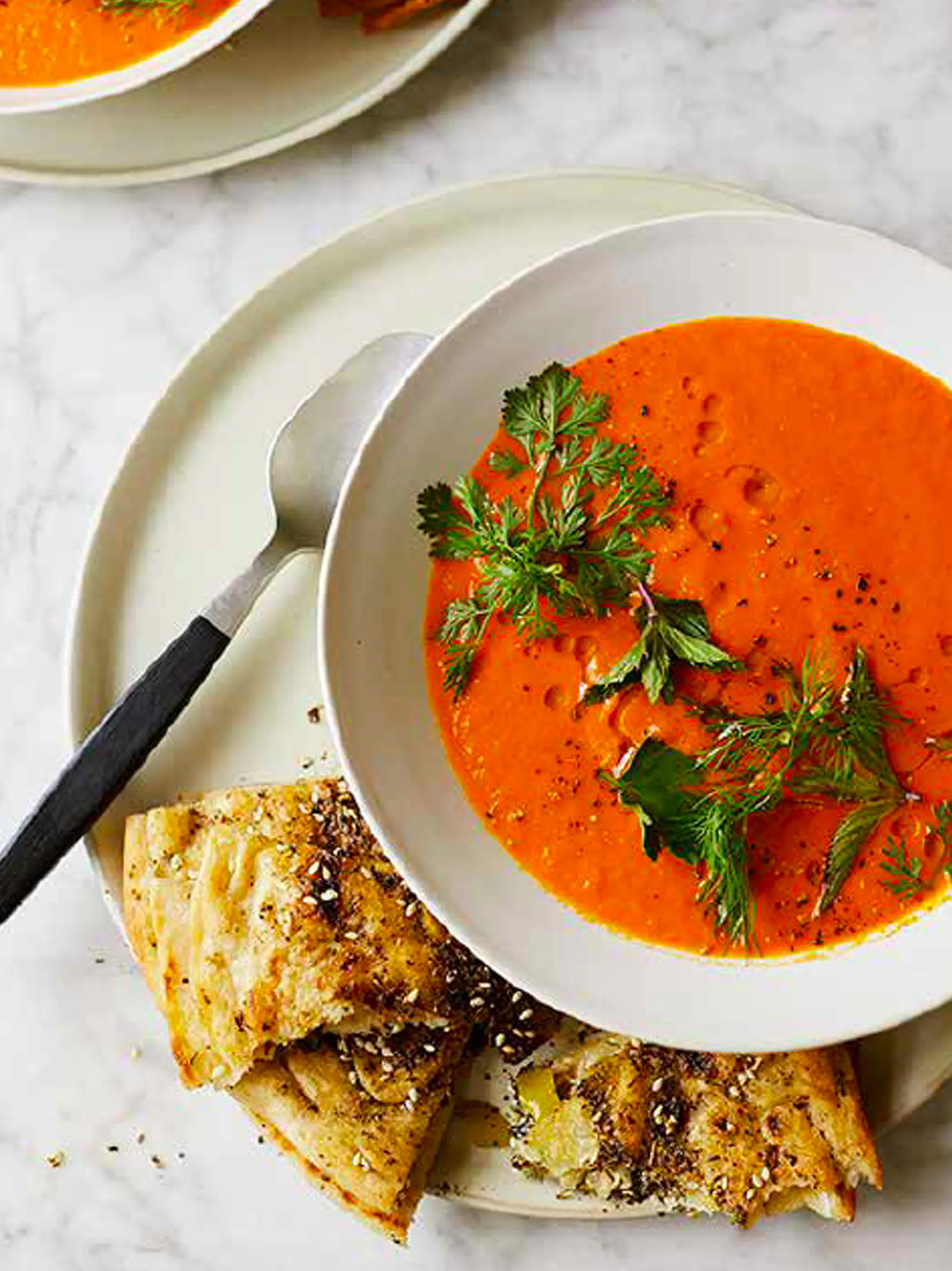 Spiced tomato soup with lemon and herb flatbreads – Recipes – Anna Jones